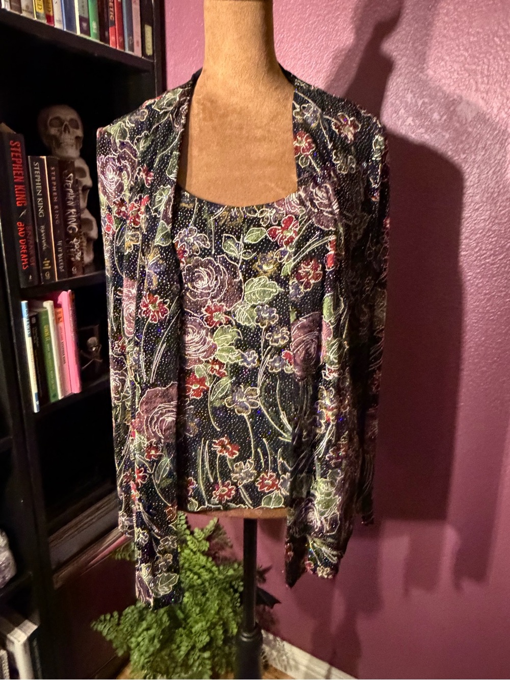 Alex Evenings Unique Dark Romance Floral Sparkly Tank & Jacket Set
